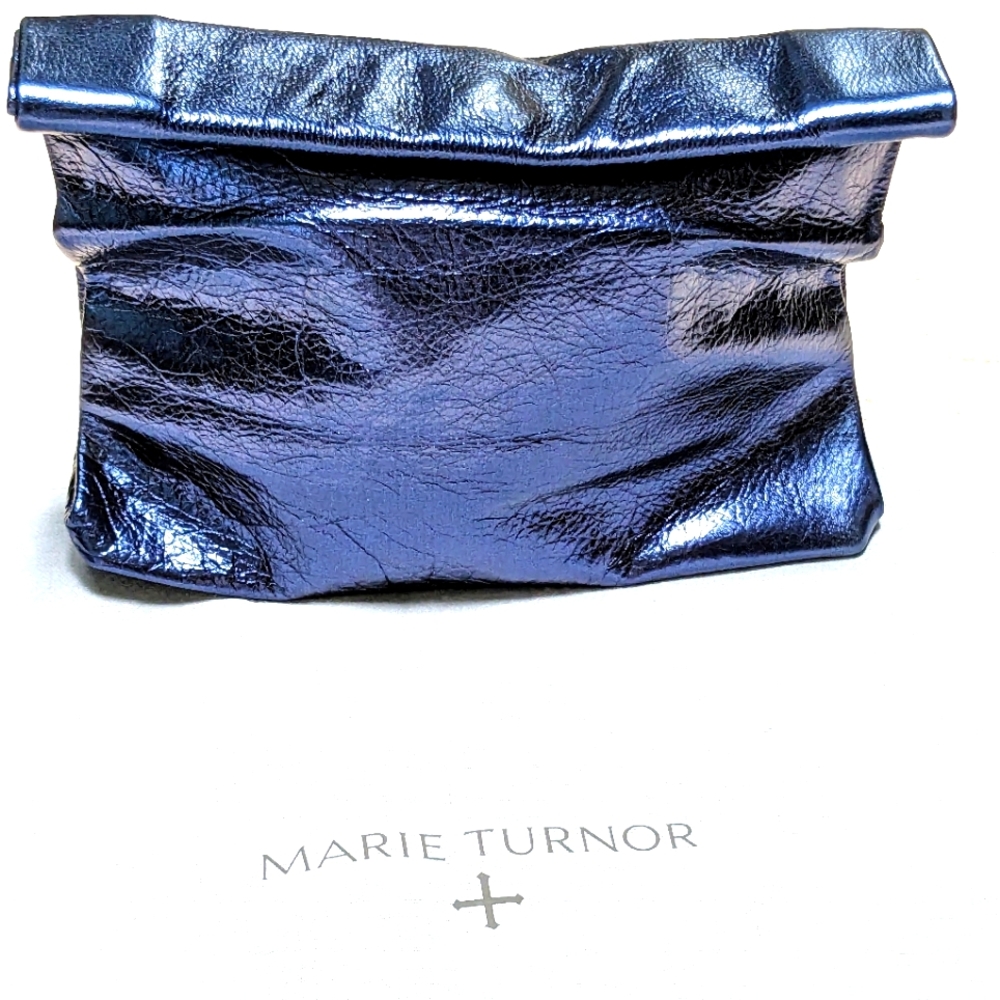 New Marie Turnor metallic leather navy sapphire blue Lunch bag clutch dust bag